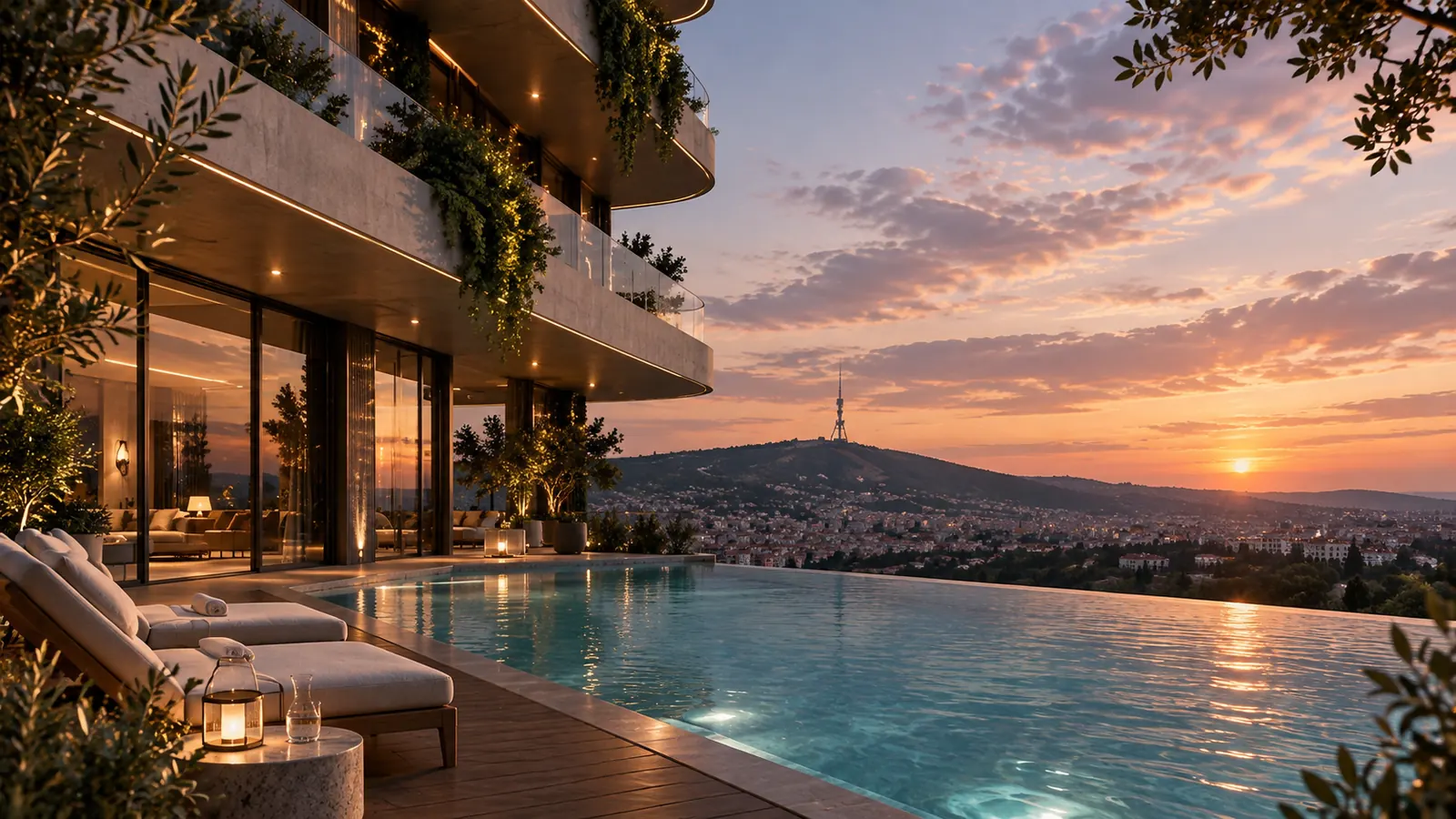 Infinity pool at sunset facing Tbilisi and the Mtatsminda TV tower