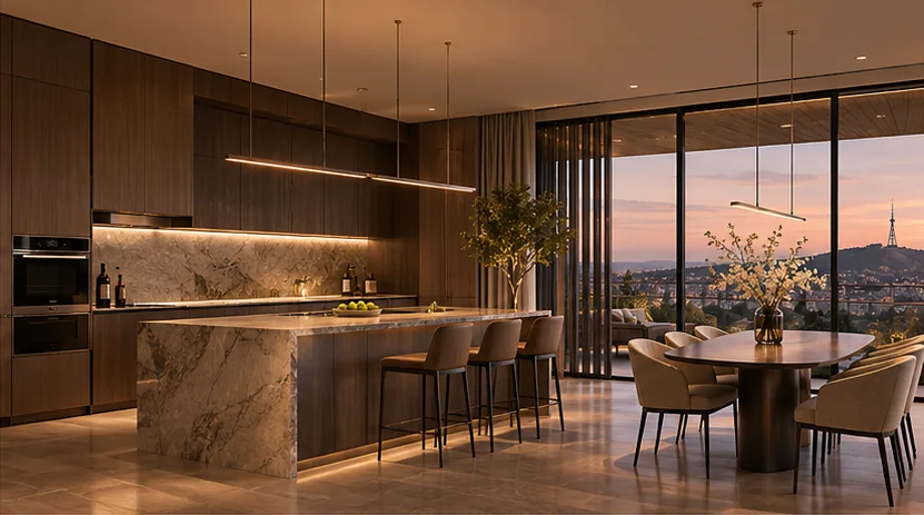 Kitchen with walnut cabinetry, a marble island and a dining table by the terrace doors