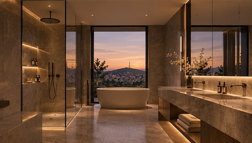 Bathroom in stone with a freestanding bath, walk-in shower and a window onto the city