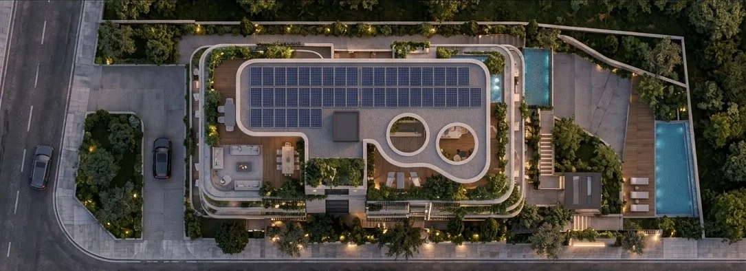 Site and roof plan showing the rooftop, solar panels and two terrace pools on the garden side