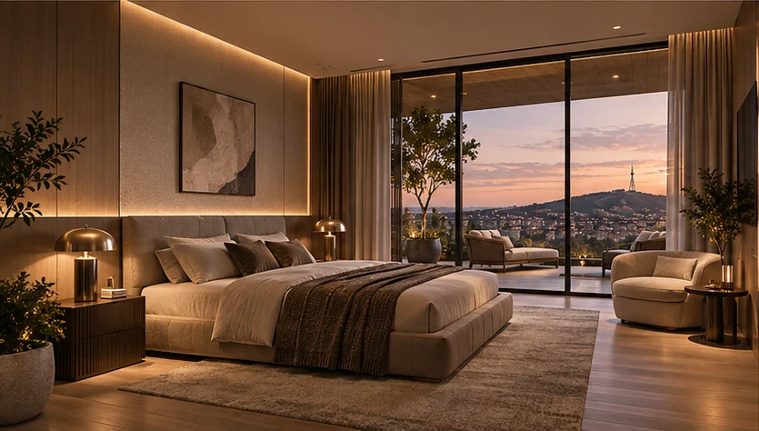 Bedroom opening onto a terrace with a view of the city at dusk