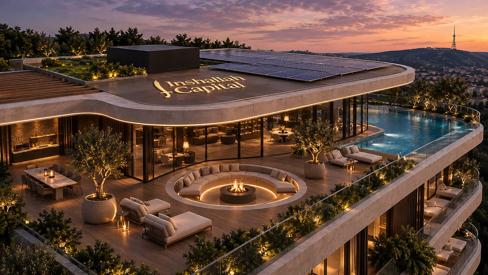 Rooftop terrace of Kaklebi Residence with a sunken fire-pit lounge, outdoor dining, olive trees and an infinity pool, the Inshallah Capital logo on the roof