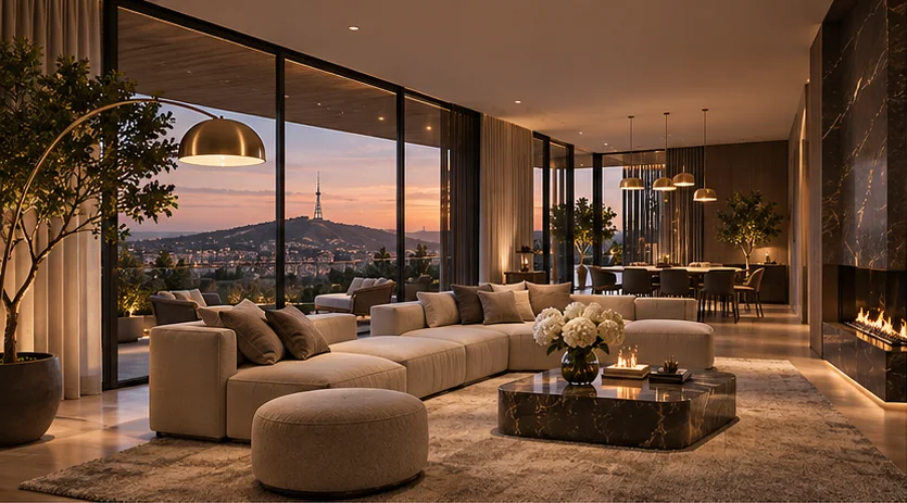 Living room with a stone-clad fireplace, sectional sofa and floor-to-ceiling glass facing the TV tower at sunset